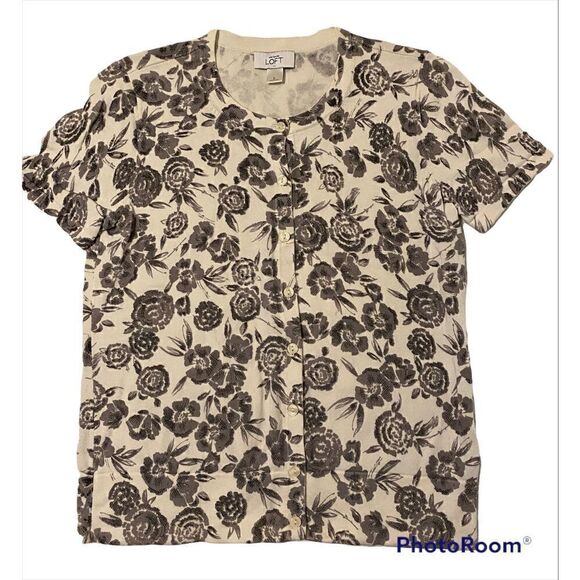Woman’s Ann Taylor Loft SZ S Black/White/Grey Floral Stylish Blouse - Picture 1 of 5